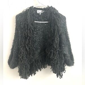Vintage Cardigan Womens S/M Grey Whimsigoth Sequin Fringe Knit Shawl Boho Glam